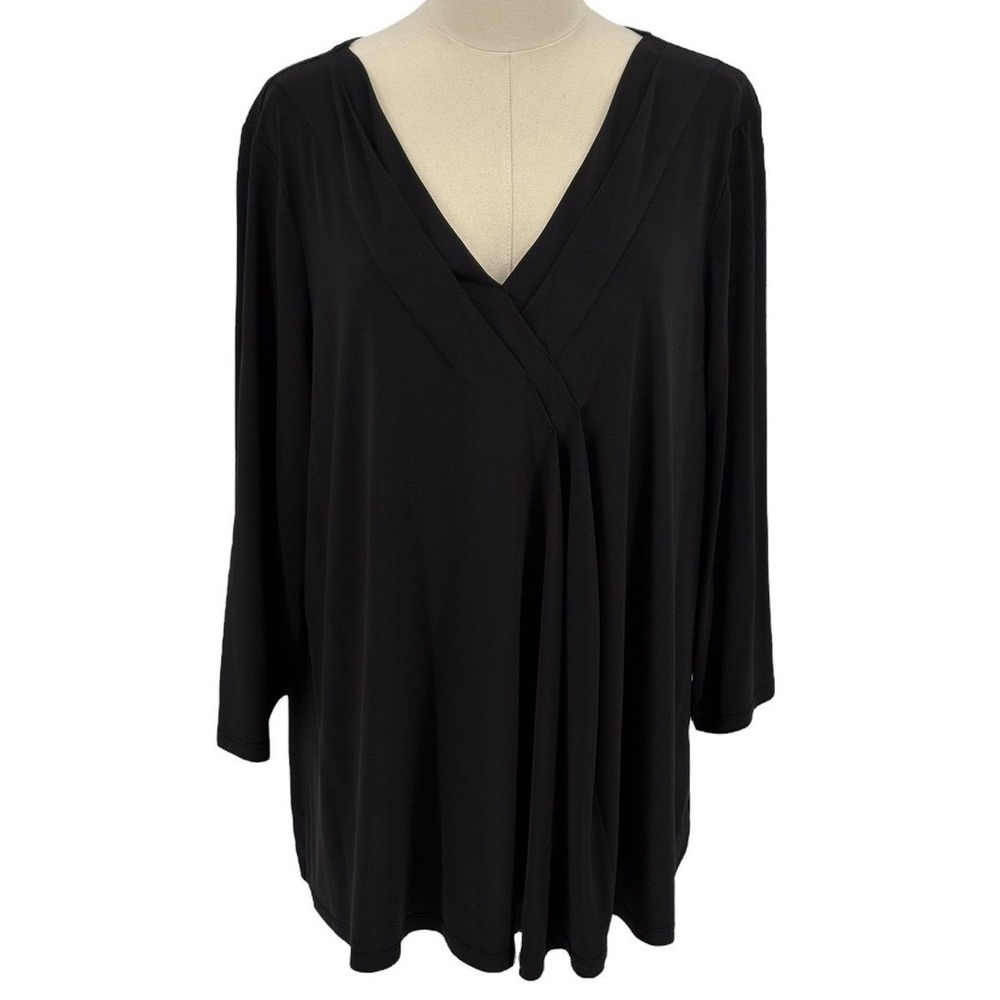 Lane Bryant Surplice Tunic Top Black V-Neck Pleated 3/4 Sleeve 18/20